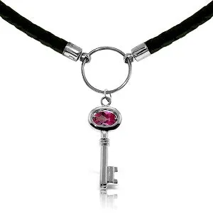 0.5 Carat 14K Solid White Gold Leather Key Necklace Pink Topaz