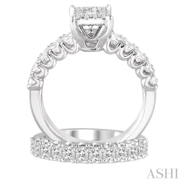 1 5/8 Ctw Lovebright Diamond Wedding Set With 1 Ctw Princess Shape Engagement Ring and 3/4 Ctw Princess Cut Wedding Band in 14K White Gold