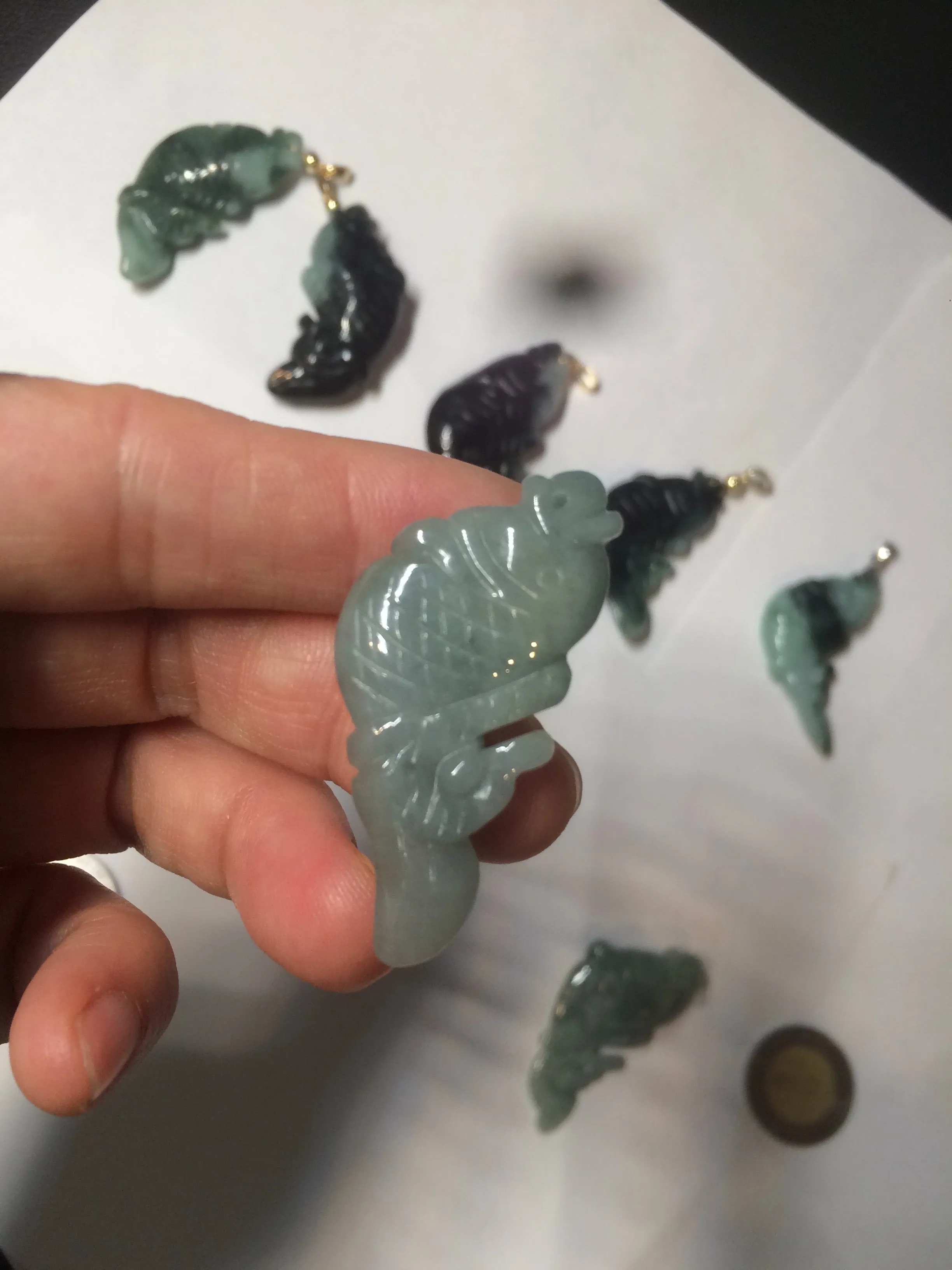 100% Natural clear blue/dark green/yellow jadeite jade 3D fish Pendant/handhold worry stone/Desk decoration BG49