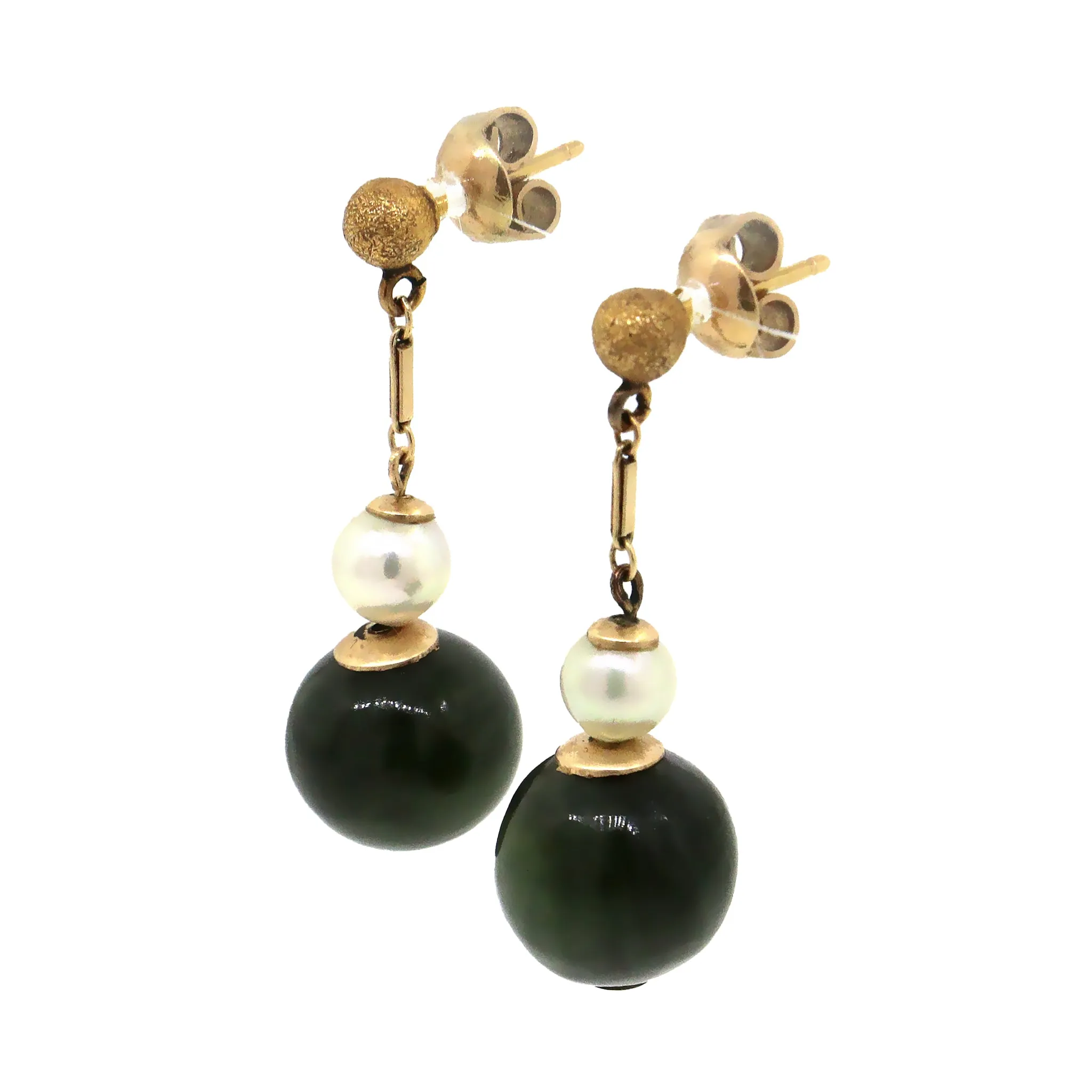 14 kt Yellow Gold Pearl and Jade Hanging Earrings