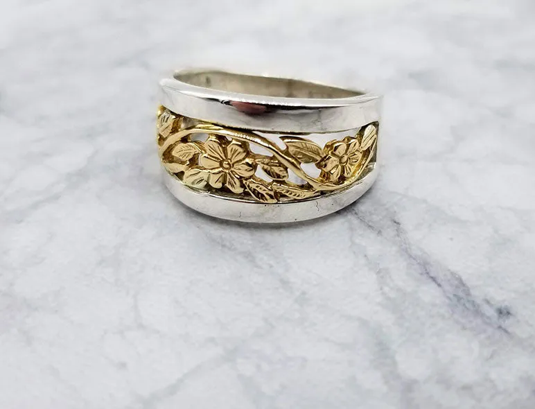 14K Gold & Sterling Flower Band Ring