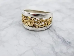 14K Gold & Sterling Flower Band Ring