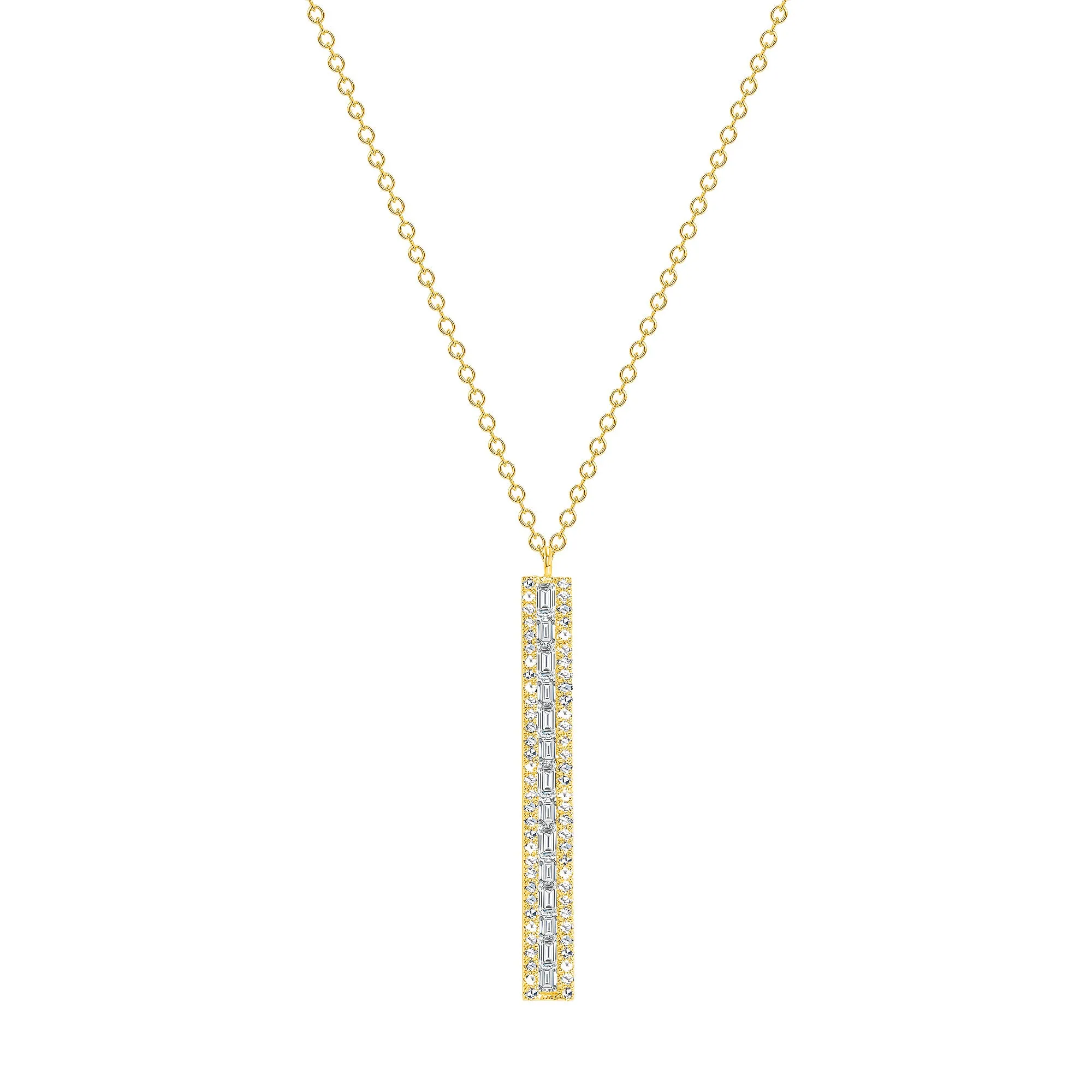 14K Gold Bar with Round and Baguette Diamond Pendant