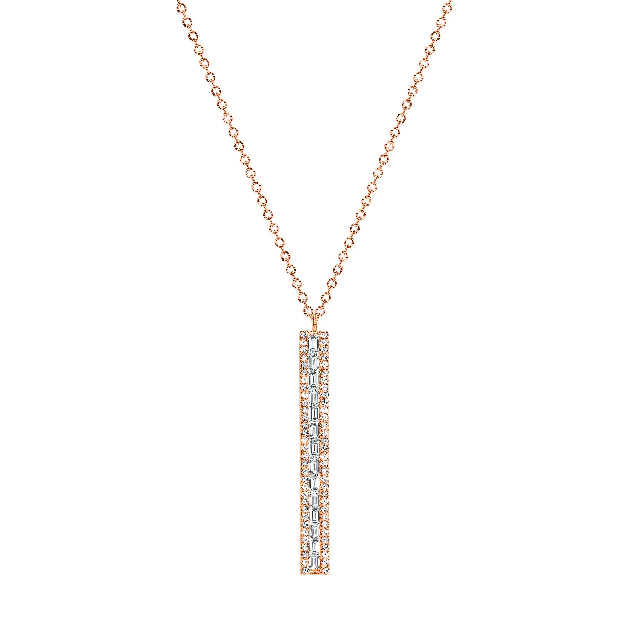 14K Gold Bar with Round and Baguette Diamond Pendant