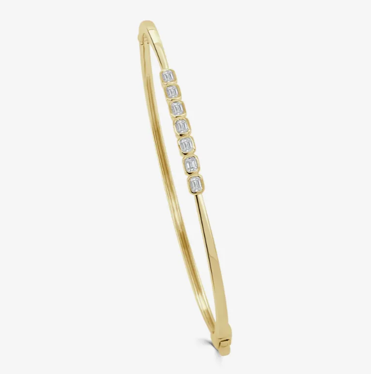 14k Gold Bezel Emerald Cut Diamond Bangle Bracelet