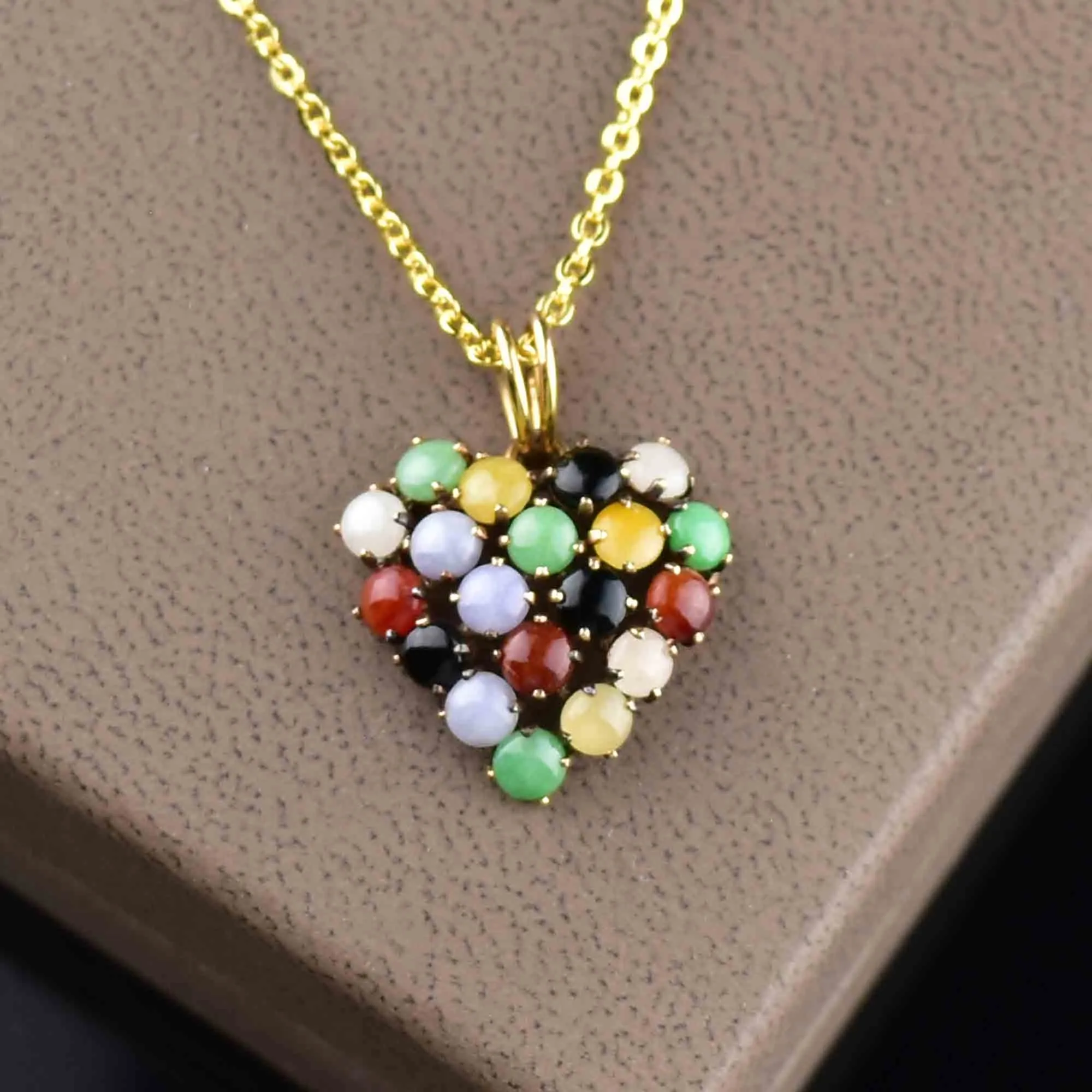 14K Gold Multi Colored Jade Heart Pendant Necklace