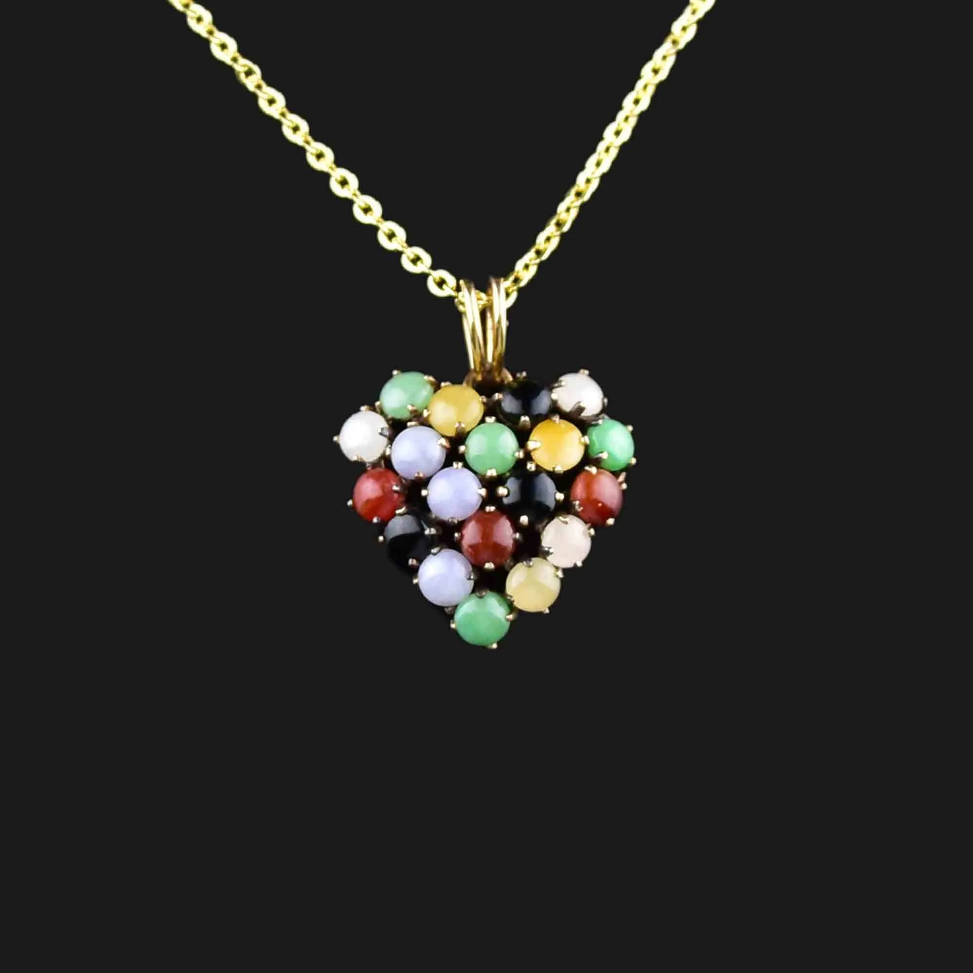 14K Gold Multi Colored Jade Heart Pendant Necklace