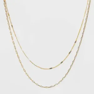 14K Gold Plated Flat Beaded and Link Chain Duo Necklace - A New Day Gold