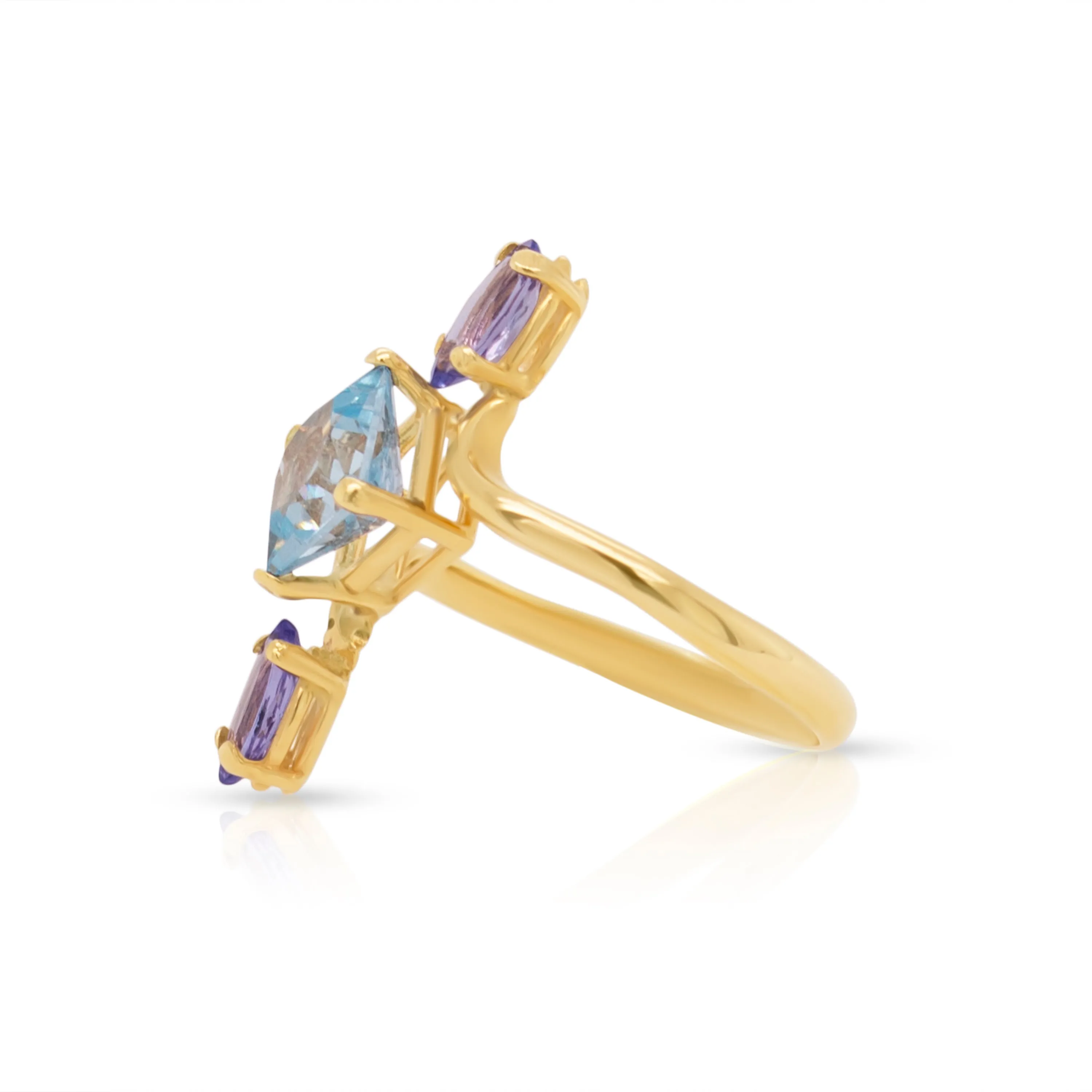 14K Gold Sky Blue Topaz and Tanzanite Geometric Ring