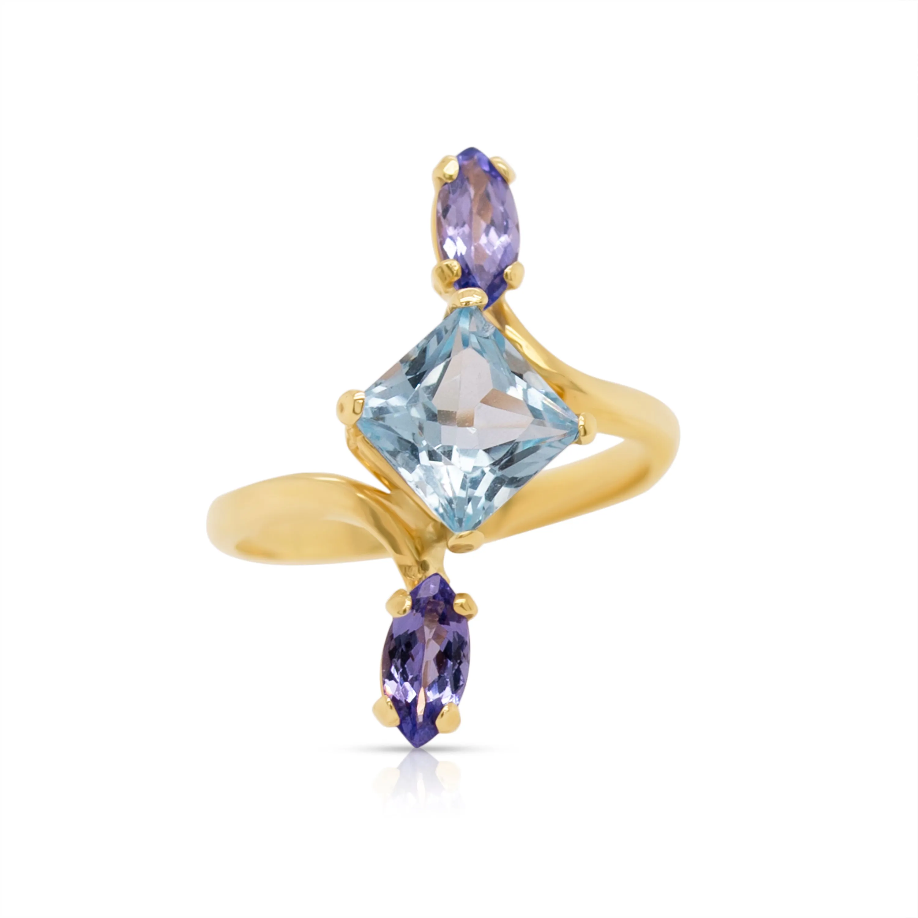 14K Gold Sky Blue Topaz and Tanzanite Geometric Ring