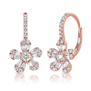 14K Rose Gold Diamond Baguette Drop Flower Earrings