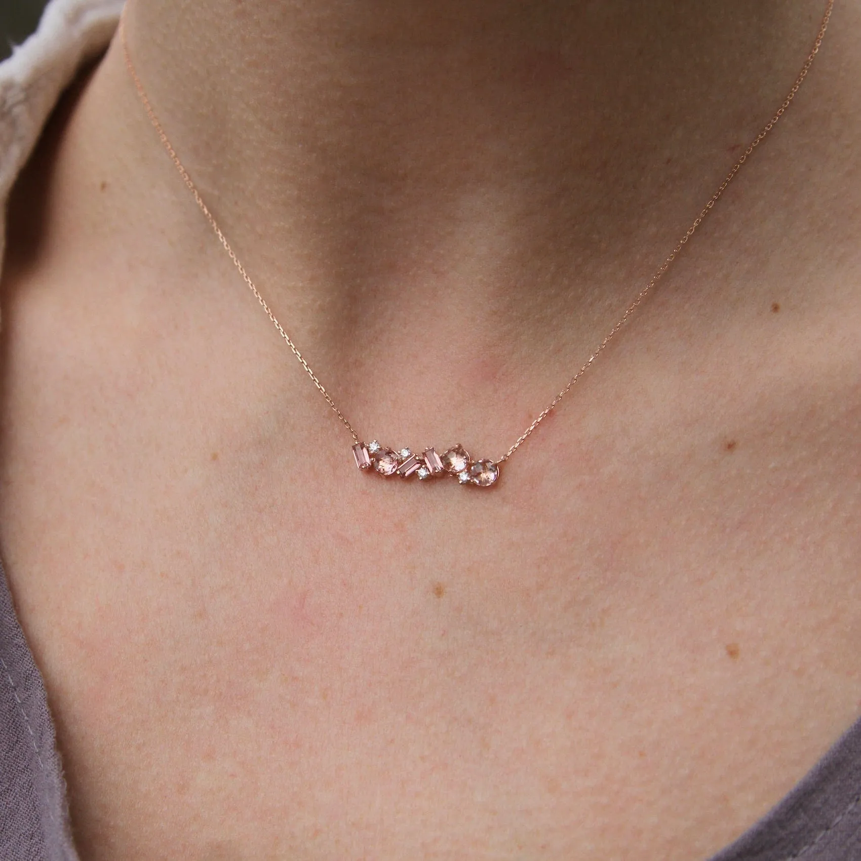 14k Rose Gold Morganite Topaz Bar Necklace