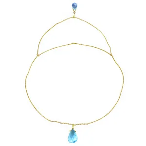 14K Solid Yellow Gold Front And Back Drop Necklace w/ Briolette Blue Topaz