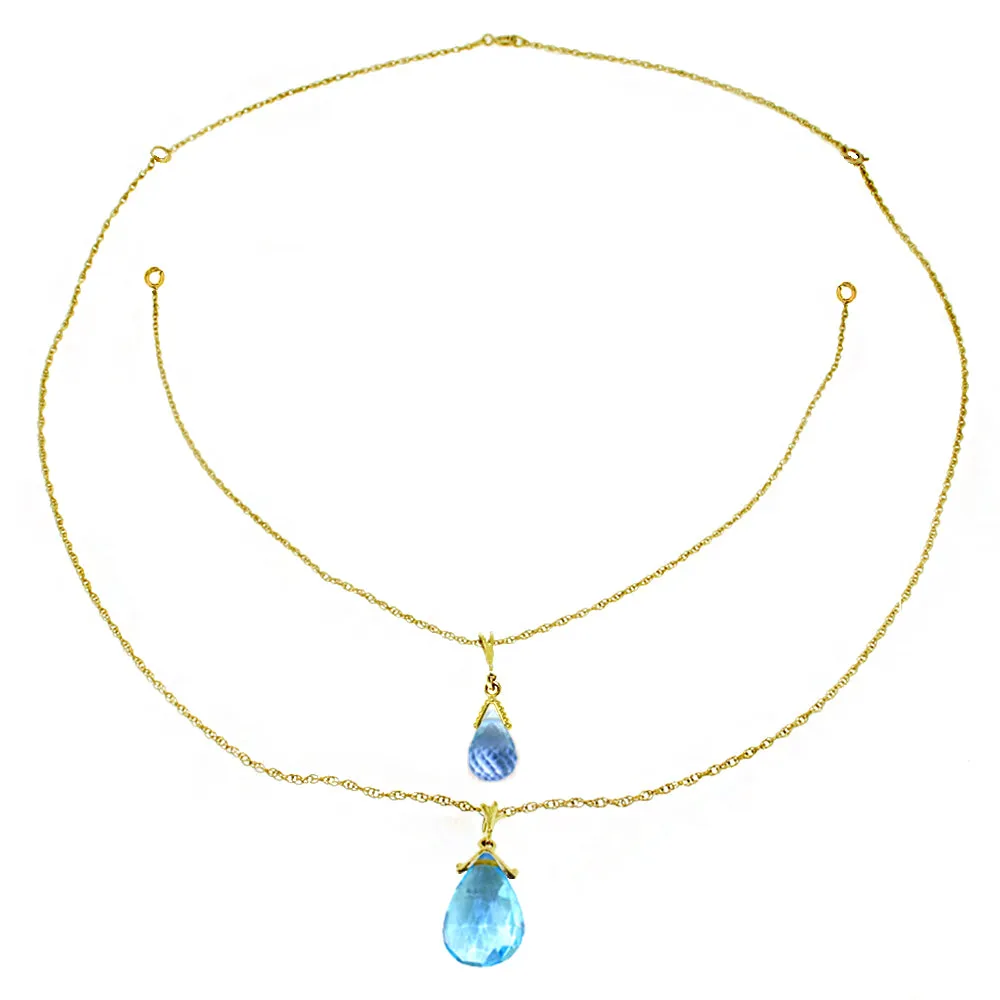 14K Solid Yellow Gold Front And Back Drop Necklace w/ Briolette Blue Topaz