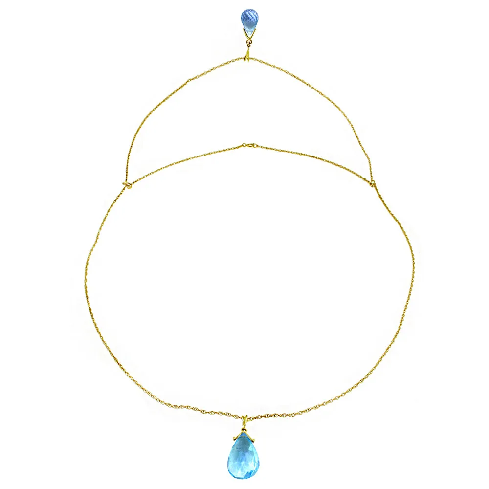 14K Solid Yellow Gold Front And Back Drop Necklace w/ Briolette Blue Topaz