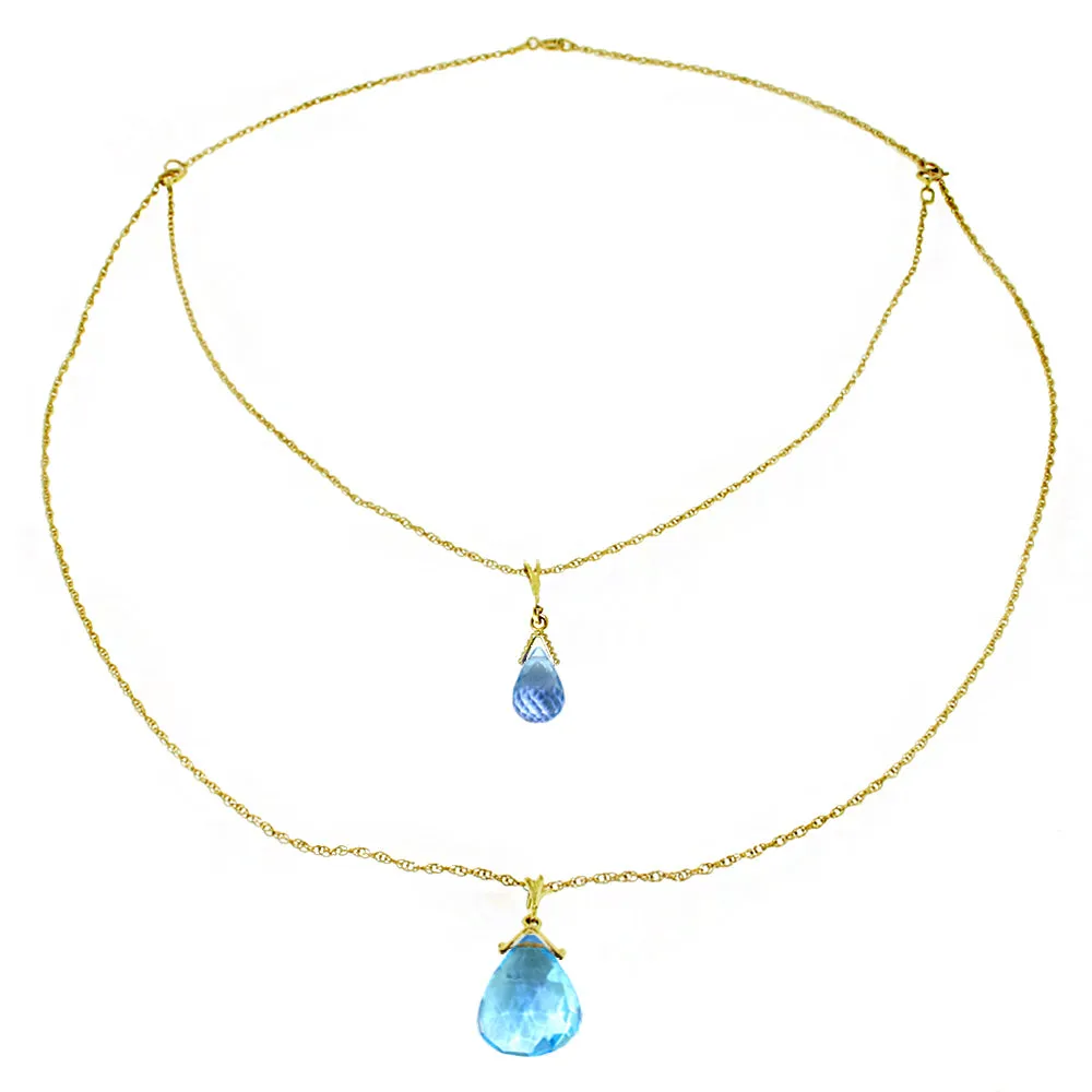 14K Solid Yellow Gold Front And Back Drop Necklace w/ Briolette Blue Topaz