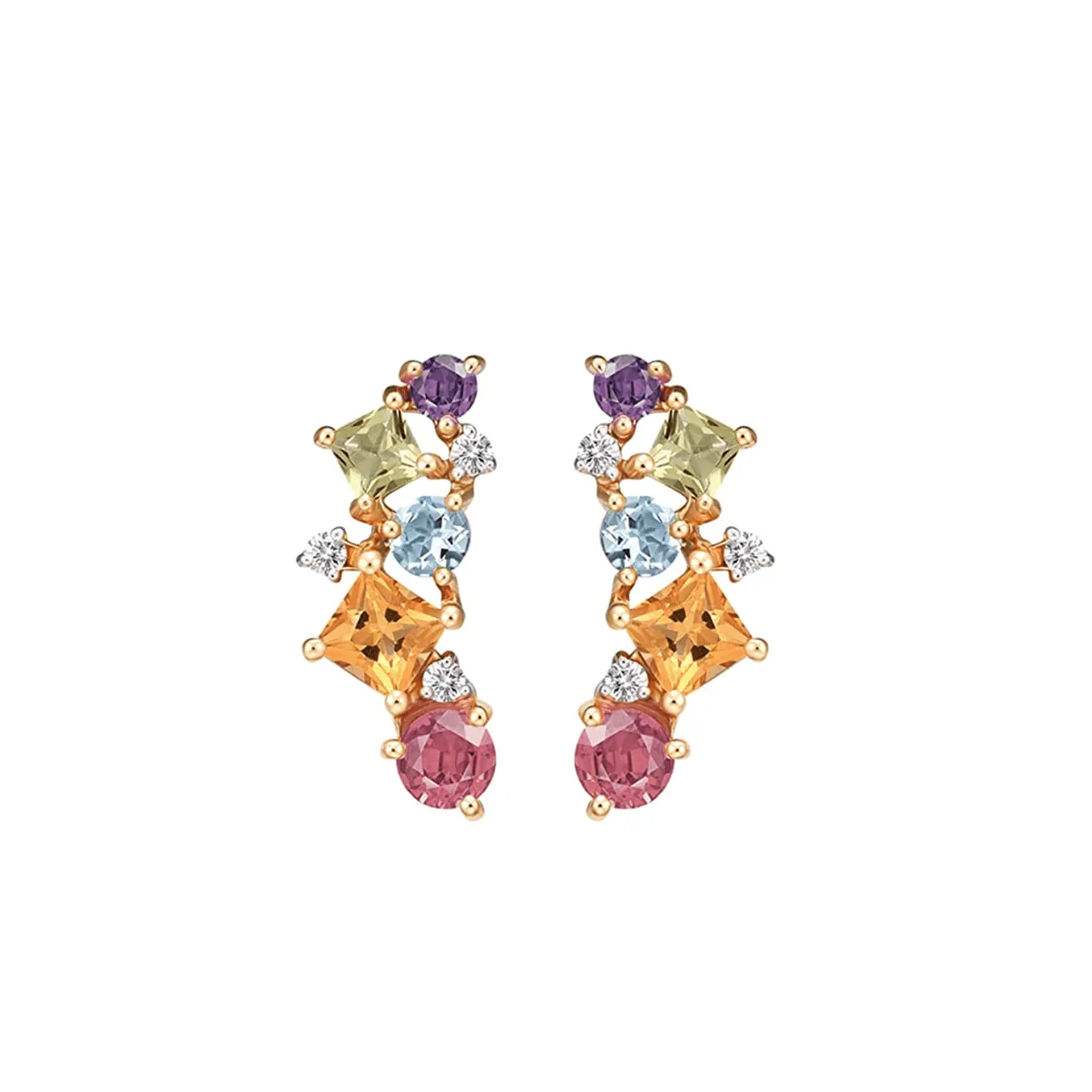 14K Solid Yellow Gold Multicolored Flower Bouquet Gemstones Stud Earrings For Women