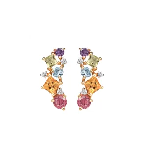 14K Solid Yellow Gold Multicolored Flower Bouquet Gemstones Stud Earrings For Women