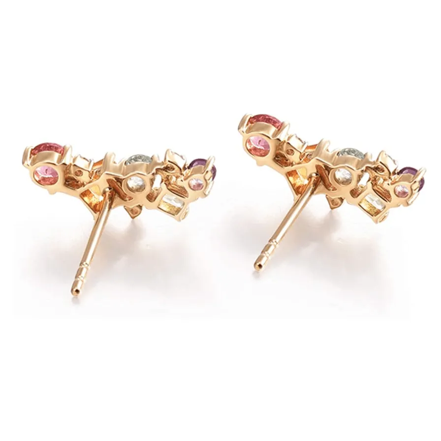 14K Solid Yellow Gold Multicolored Flower Bouquet Gemstones Stud Earrings For Women