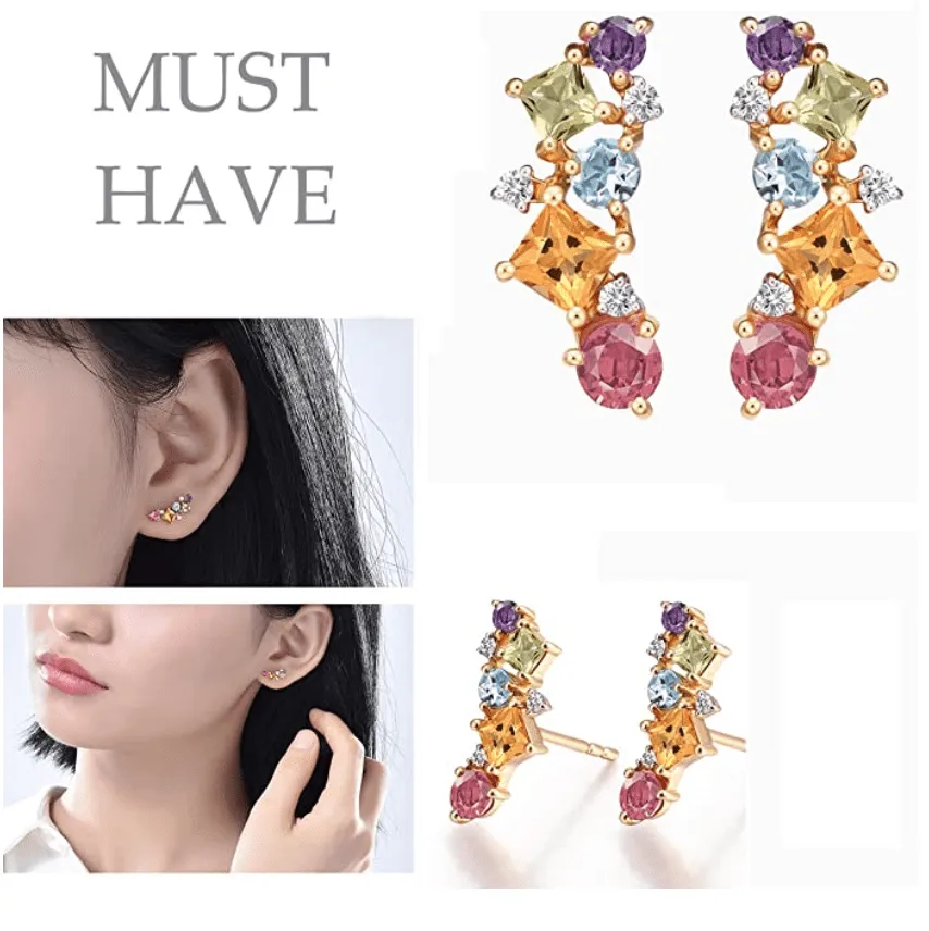 14K Solid Yellow Gold Multicolored Flower Bouquet Gemstones Stud Earrings For Women