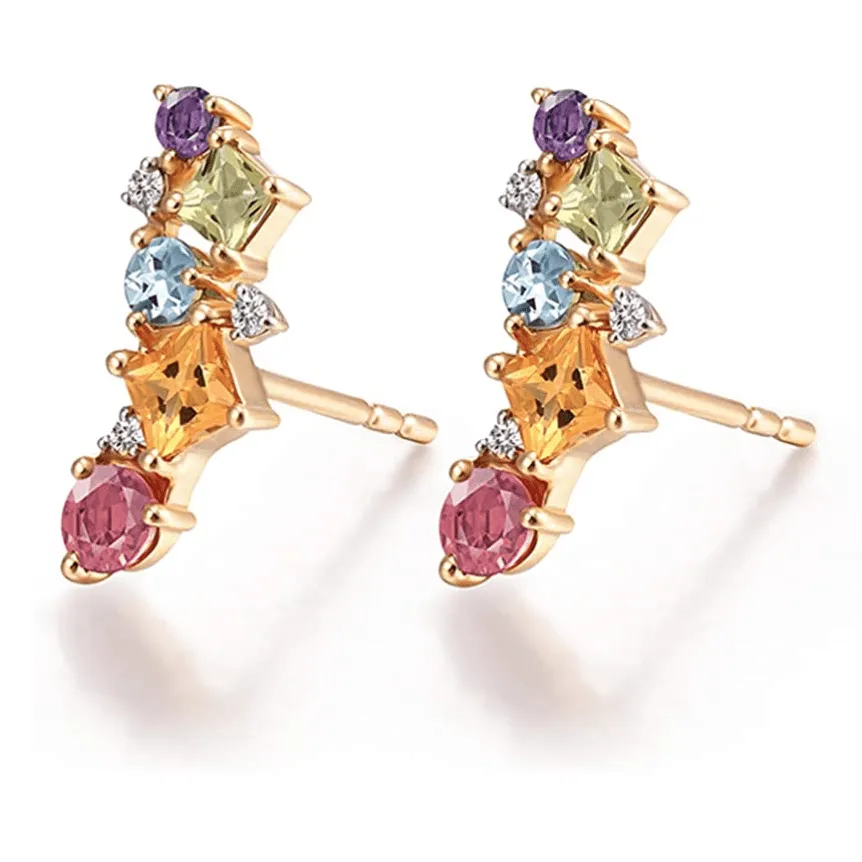 14K Solid Yellow Gold Multicolored Flower Bouquet Gemstones Stud Earrings For Women