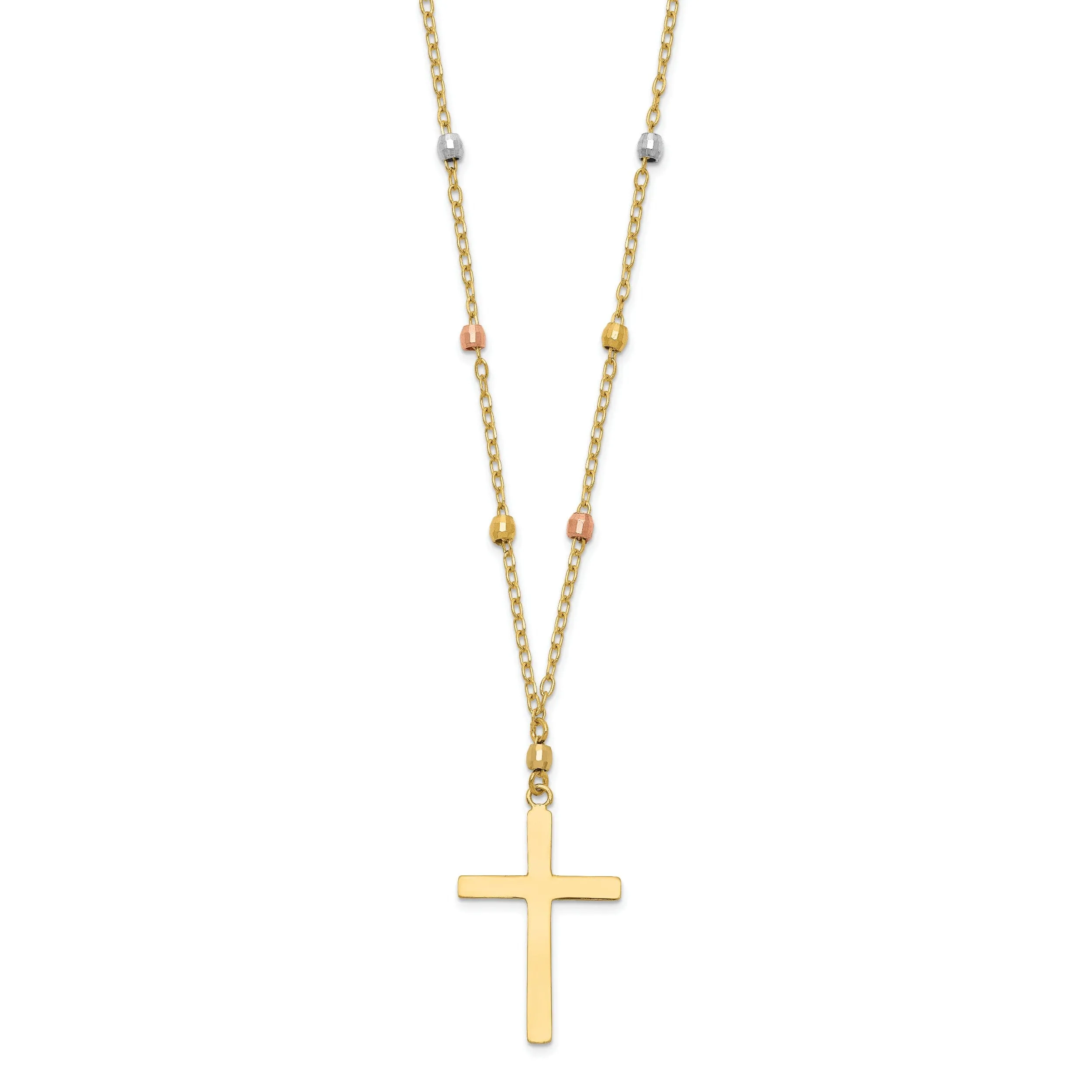 14K Tri Color Gold Soild Polished Diamond Cut Finish Beaded Cross Design Pendant in a 18-Inch Cable Chain Necklace Set