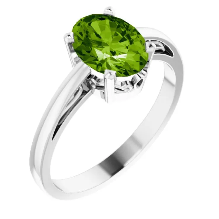 14K White Natural Peridot Solitaire Ring