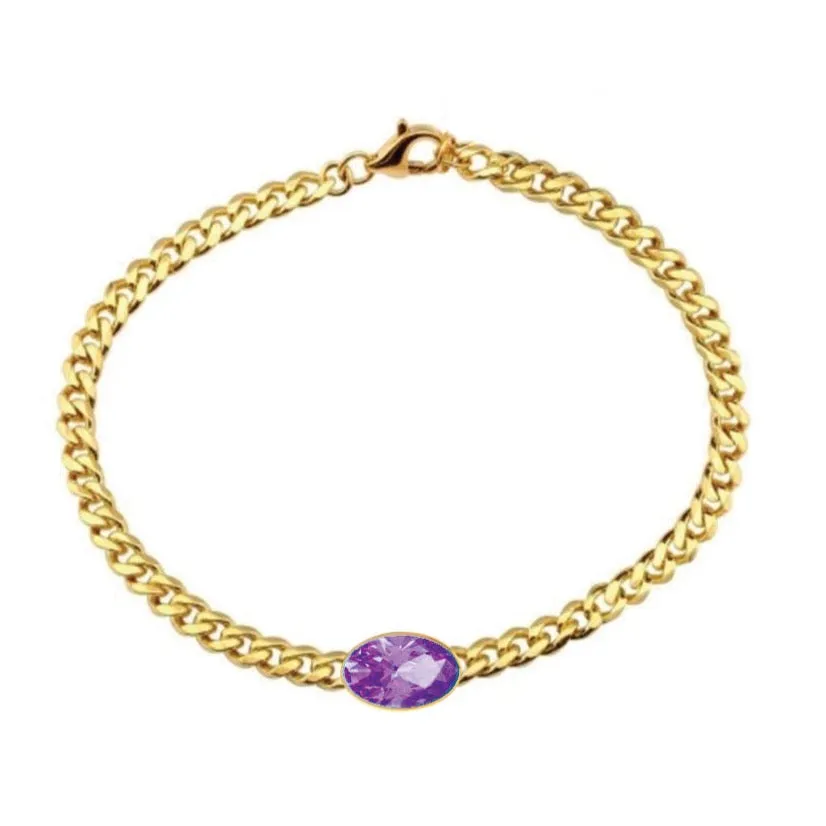 14K Yellow Gold Bezel Oval Cut Amethyst Cuban Chain Bracelet