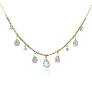 14K YELLOW GOLD BLUE TOPAZ DIAMOND DANGLE NECKLACE