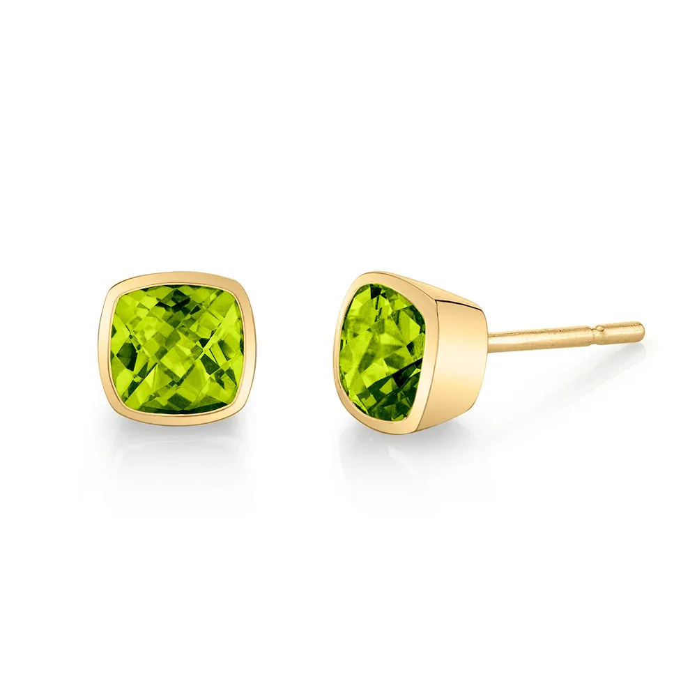 14K YELLOW GOLD CUSHION CHECKERBOARD CUT PERIDOT STUD EARRINGS