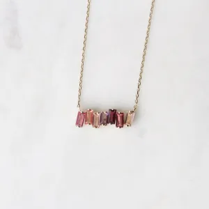 14k Yellow Gold Mixed Pink Baguette Bar Necklace