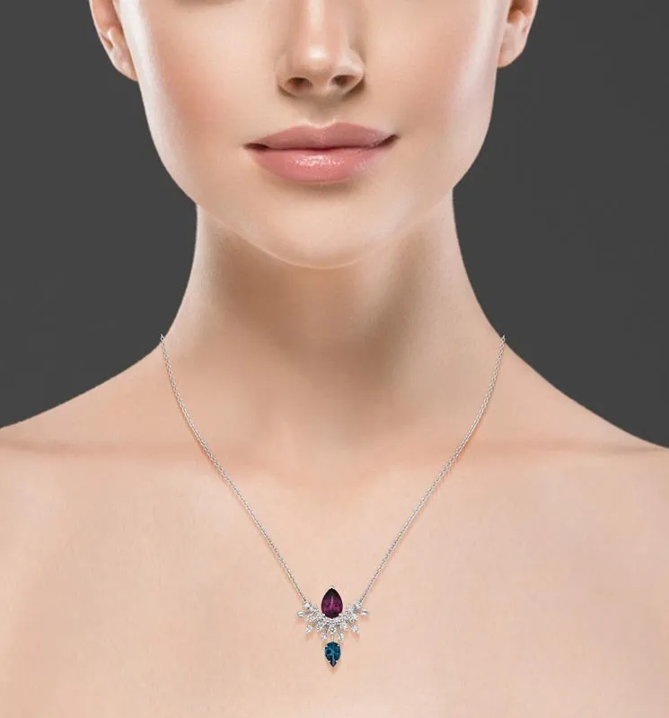 18k Amazonia (cocar) White Gold And Black Rhodium Necklace With 0.80 Cts Vs-Gh Diamonds  And Rhodolite And Topaz