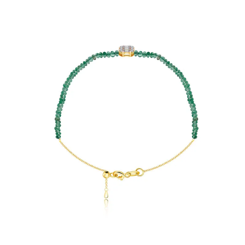 18k Gold Emerald Beaded with Square Shape Diamond Bracelet