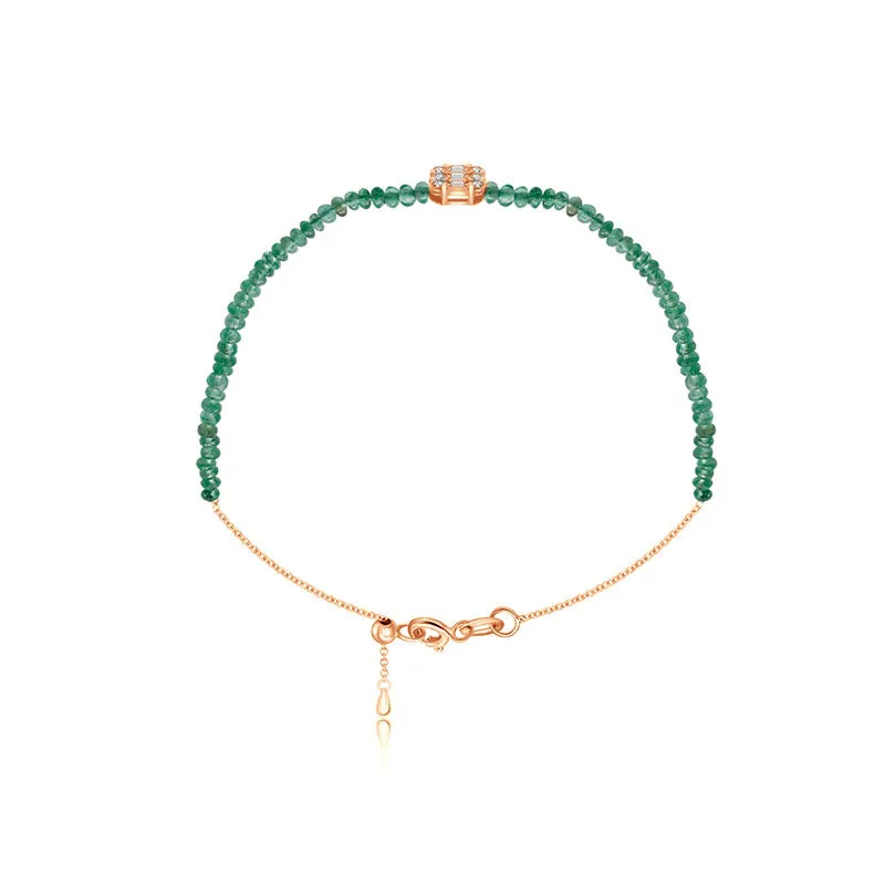 18k Gold Emerald Beaded with Square Shape Diamond Bracelet