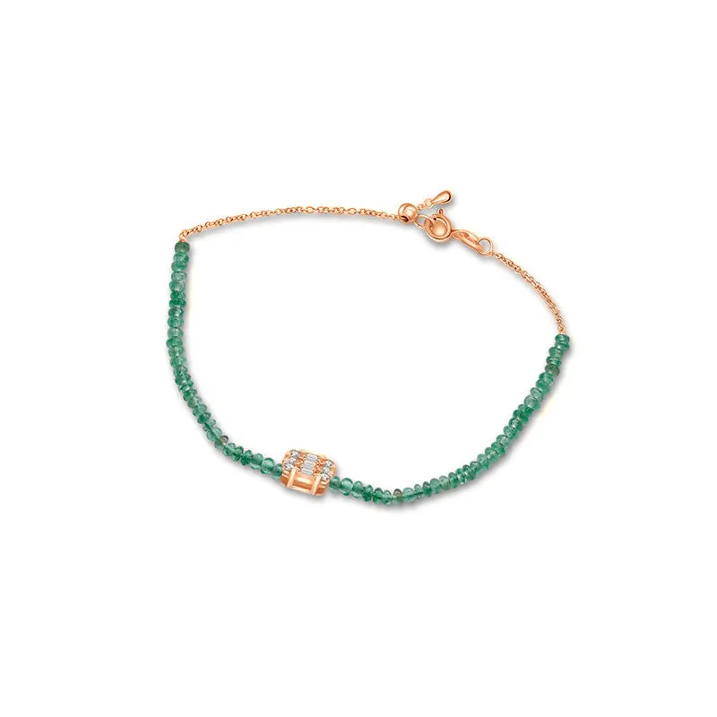 18k Gold Emerald Beaded with Square Shape Diamond Bracelet