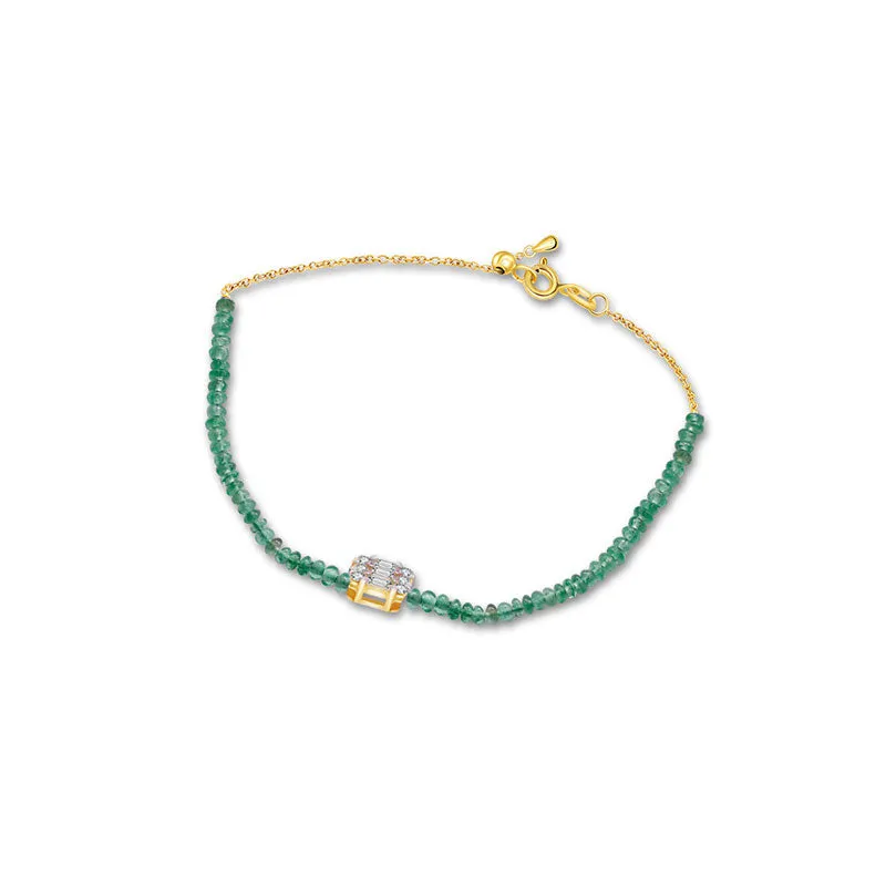 18k Gold Emerald Beaded with Square Shape Diamond Bracelet