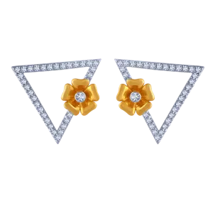 18k Triangular Diamond Stud Earrings With An Intricate Flower