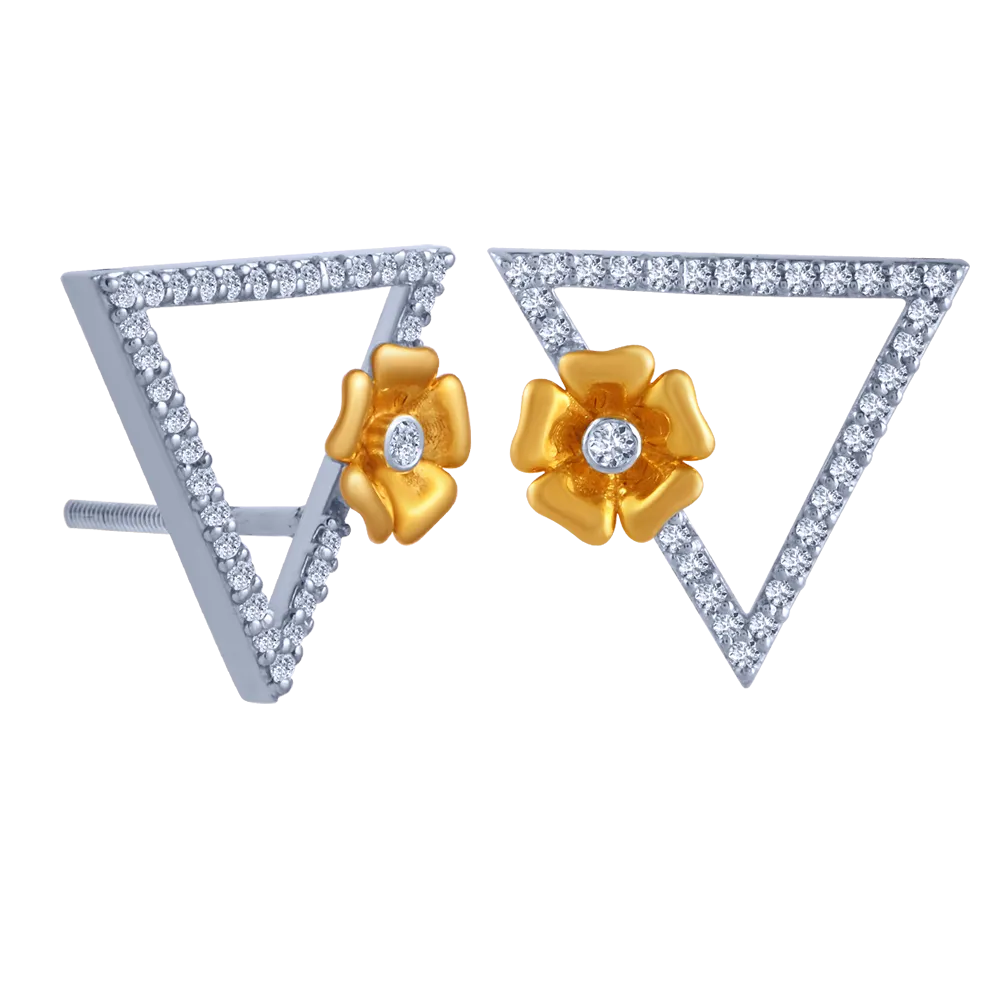 18k Triangular Diamond Stud Earrings With An Intricate Flower