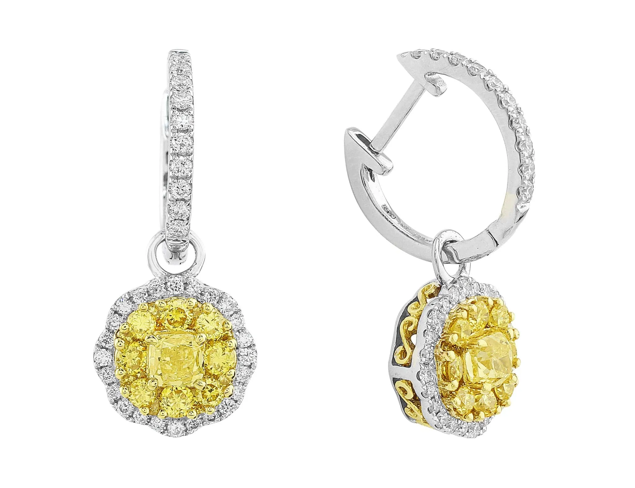 18k White Gold Octagonal Yellow Diamond Drop Earrings