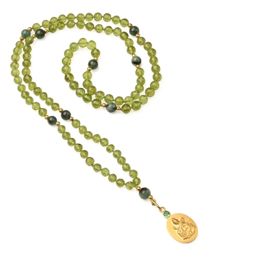 18kt Gold Saraswati Ishta Devata Japa Mala with Peridot and Emerald Counterbead Mala