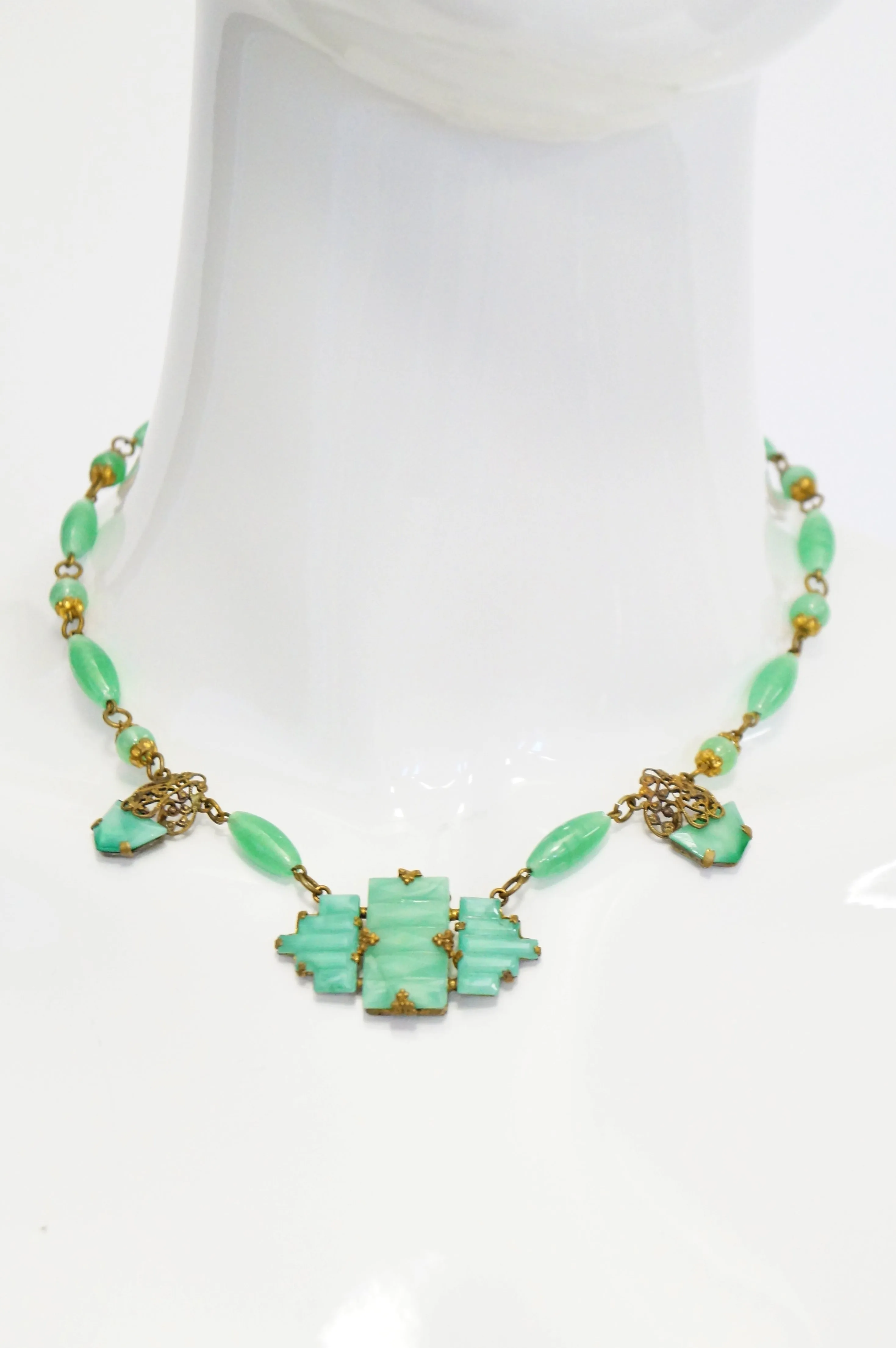 1930s Czechosolvakian Jade Glass Demi Parure with Filigree Details