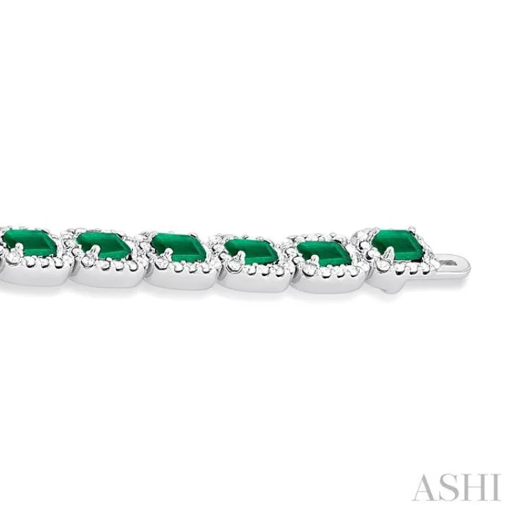 2 1/5 ctw 4X3MM Emerald and Round Cut Diamond Halo Precious Tennis Bracelet in 14K White Gold