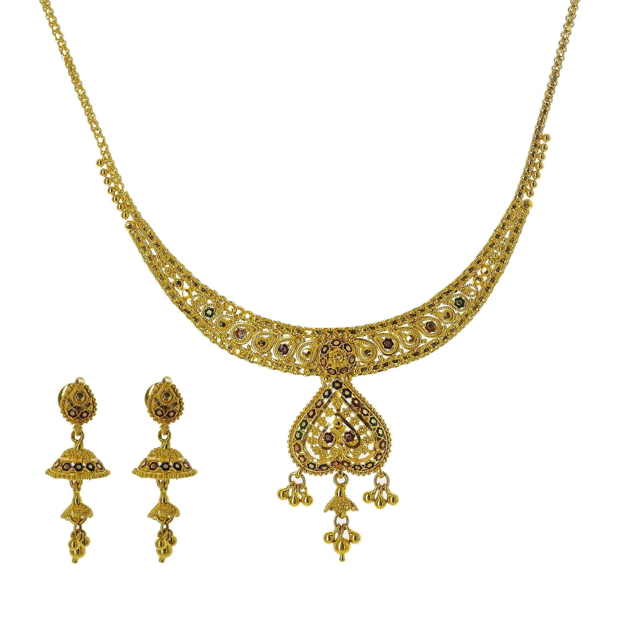 22K Yellow Gold Meenakari Necklace Set W/ Beaded Filigree & Jhumki Earrings