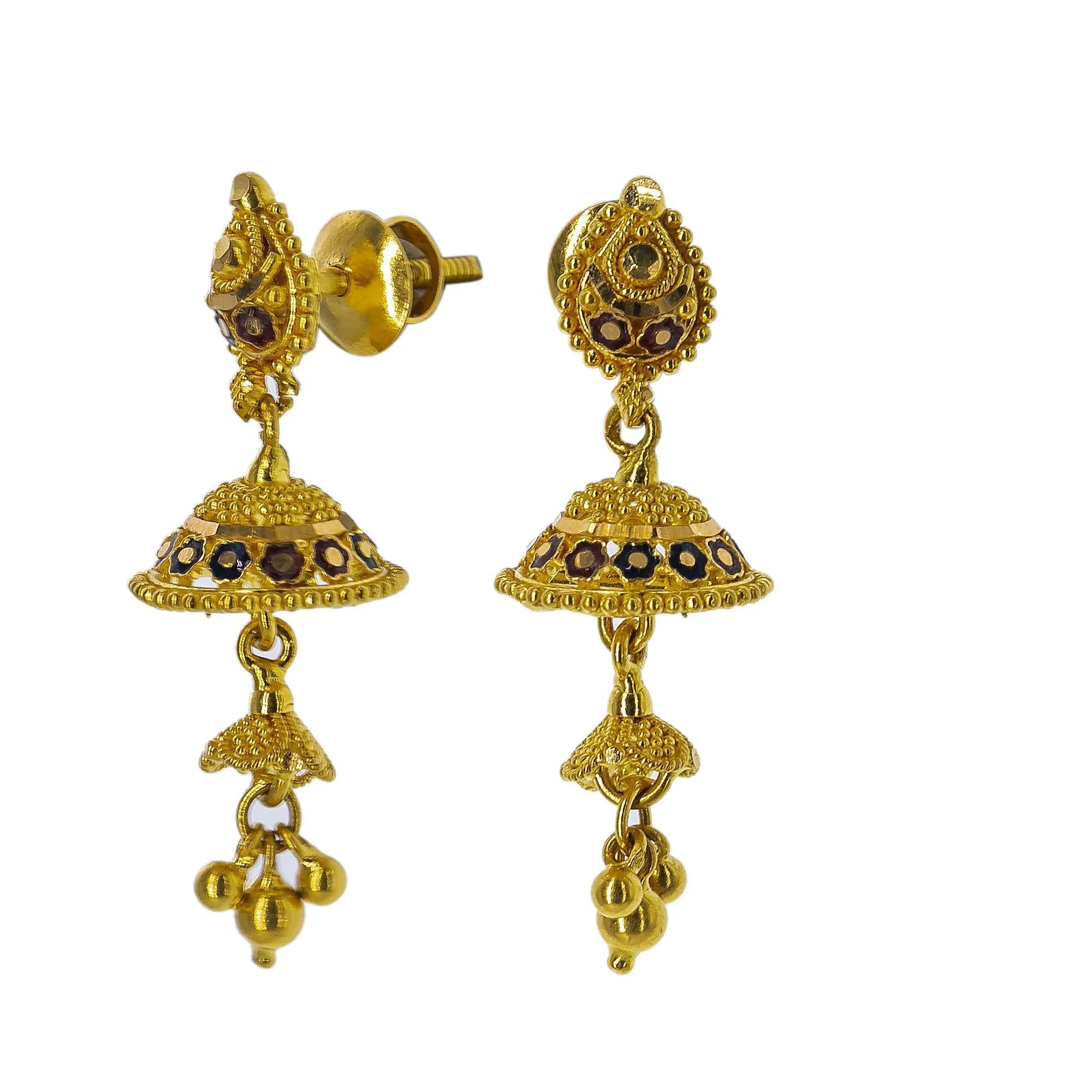 22K Yellow Gold Meenakari Necklace Set W/ Beaded Filigree & Jhumki Earrings