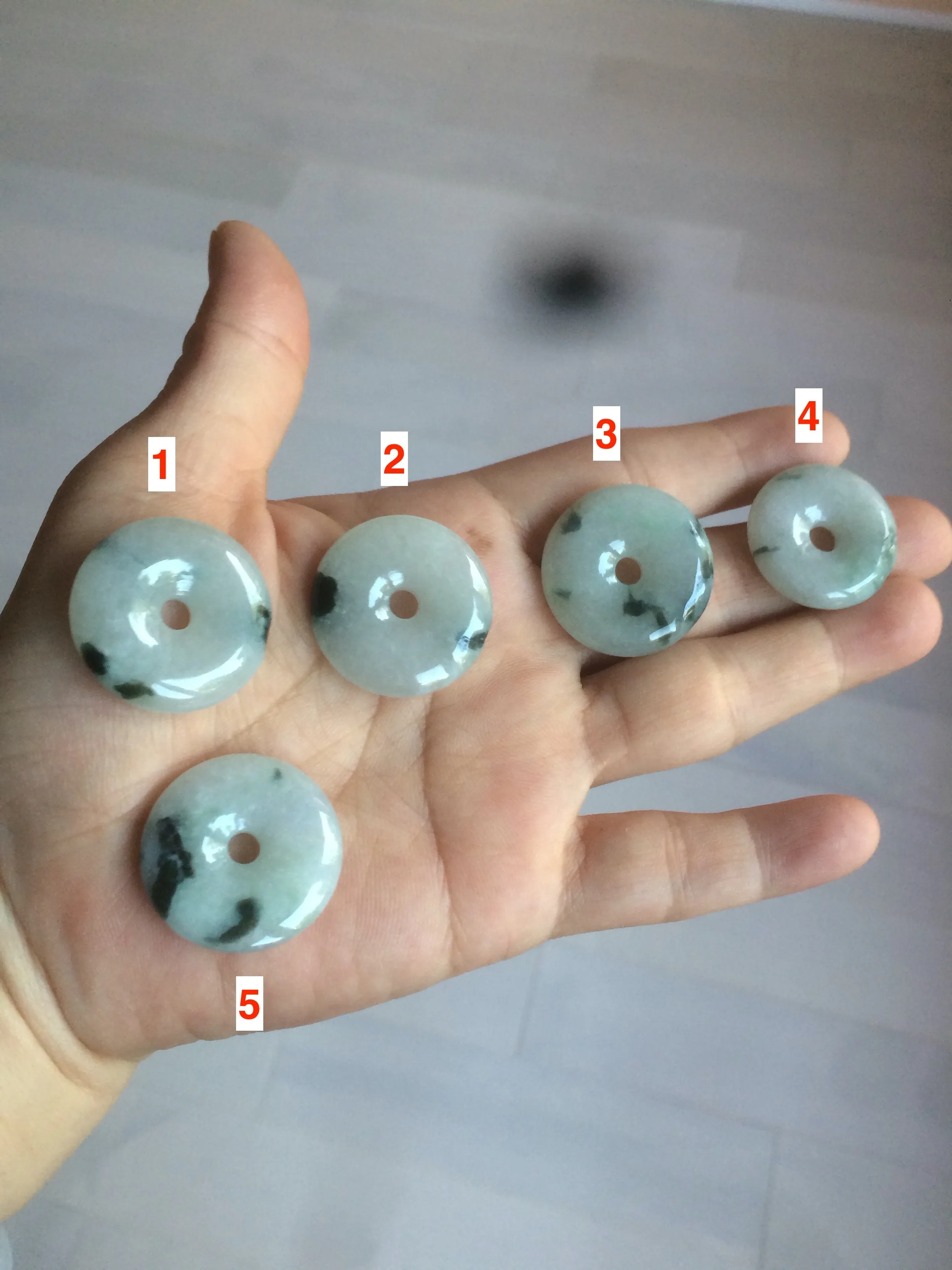 23-26mm 100% Natural icy watery green/white with green floating flowers jadeite Jade Safety Guardian Button(donut) Pendant/worry stone AR98