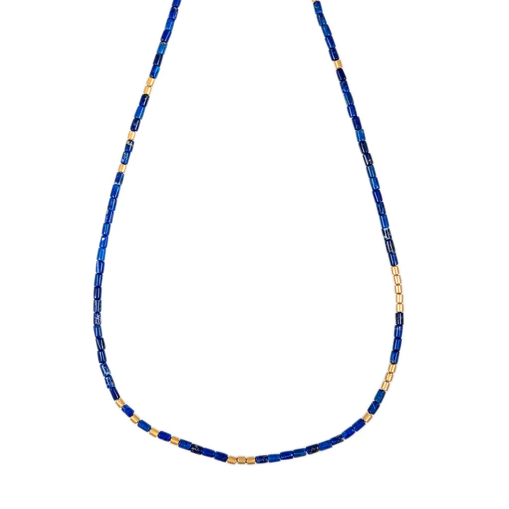 24 GOLD BEADS   LAPIS TUBE BEADED NECKLACE