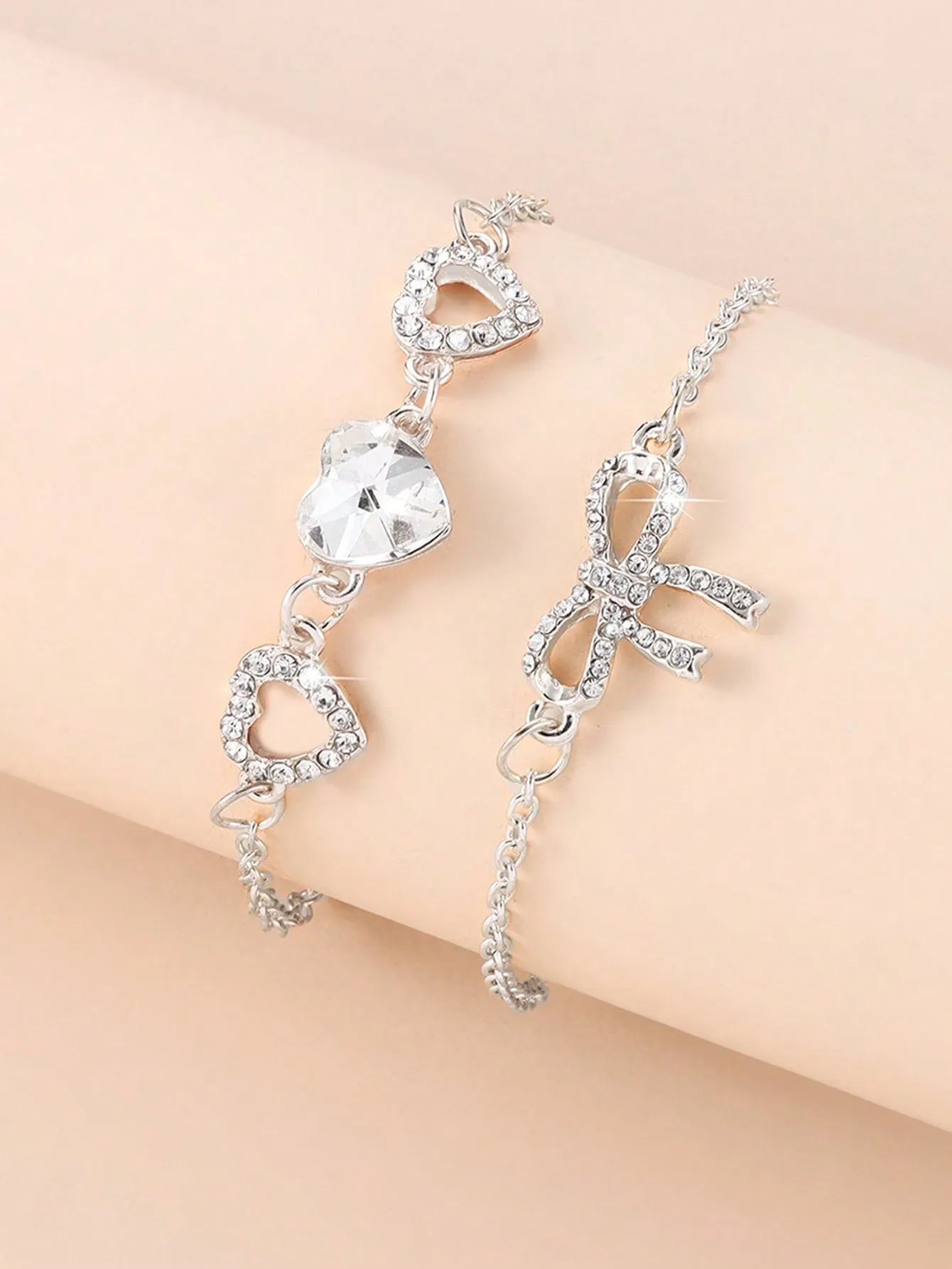 2pcs Women's Alloy & Rhinestone Inlaid Heart And Bowknot Decor Bracelet Set