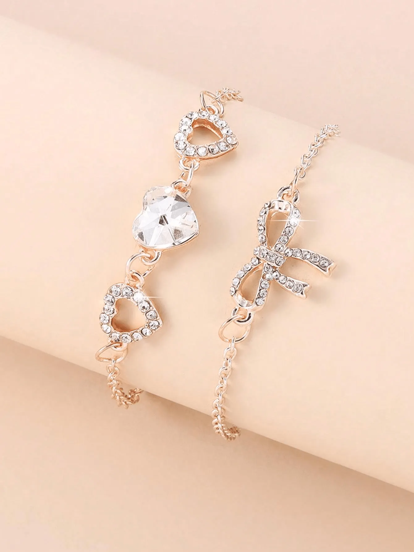 2pcs Women's Alloy & Rhinestone Inlaid Heart And Bowknot Decor Bracelet Set