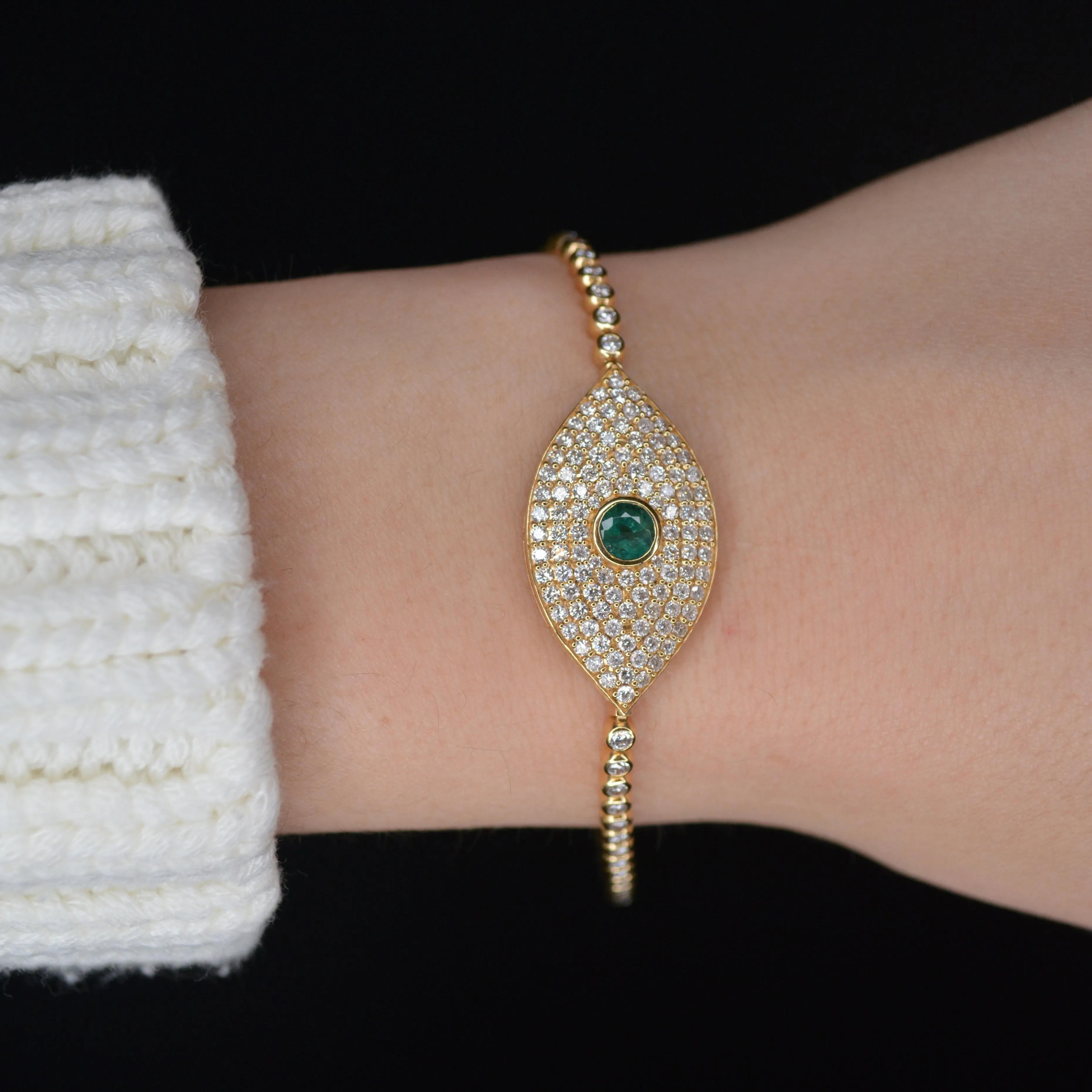 3.44ct Diamond Emerald 18K Gold Evil Eye Bracelet