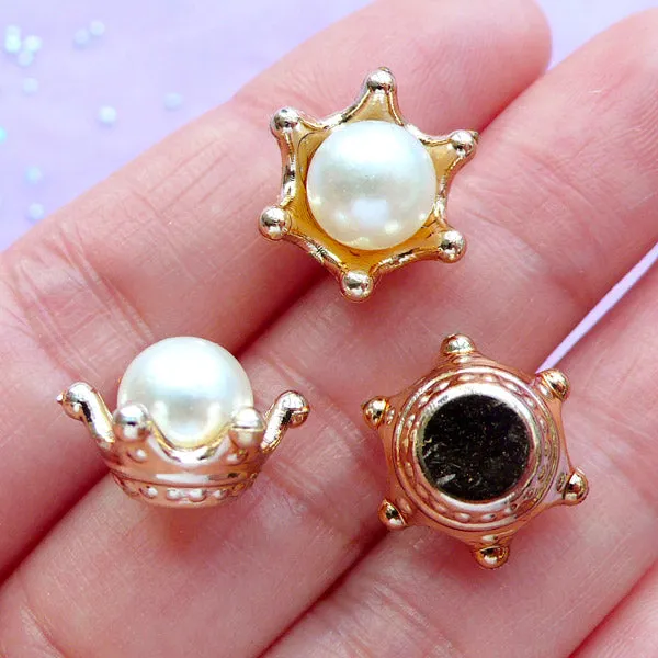 3D Crown Setting with Pearl | Kawaii Cap for Fairy Bottle | Hair Bow Center | Decoden Cabochon Supplies (6pcs / 15mm x 10mm)